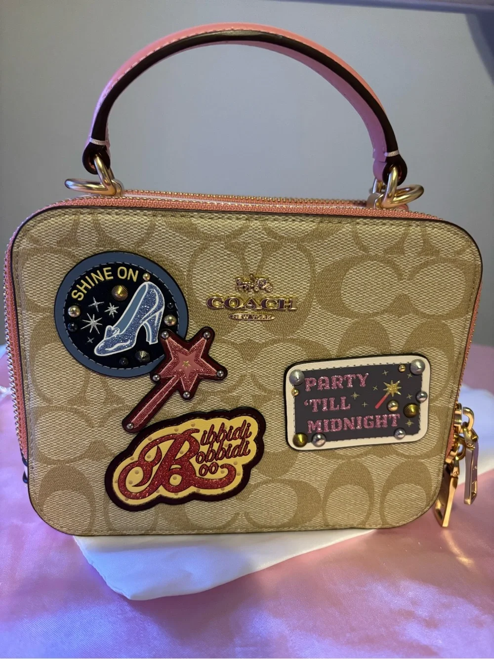 NWT Disney x Coach Cinderella Patches Box Crossbody Bag Signature Canvas C1426